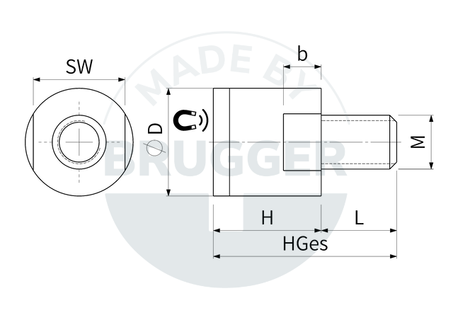 technical drawing Pot magnets made of NdFeB with external thread and rubberised holding surface | © Brugger GmbH